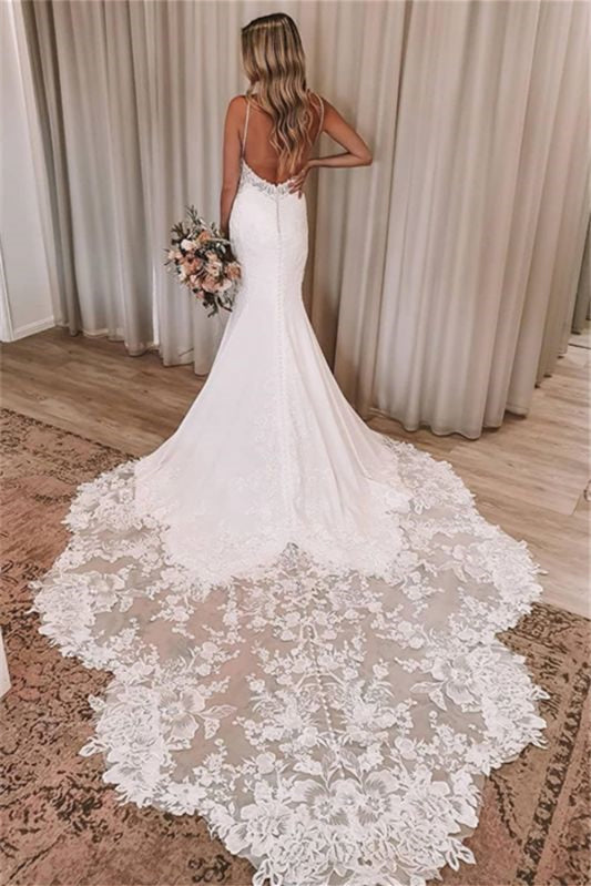 
                      
                        V-Neck Spaghetti Strap Backless Mermaid Wedding Dress with Lace Appliques
                      
                    