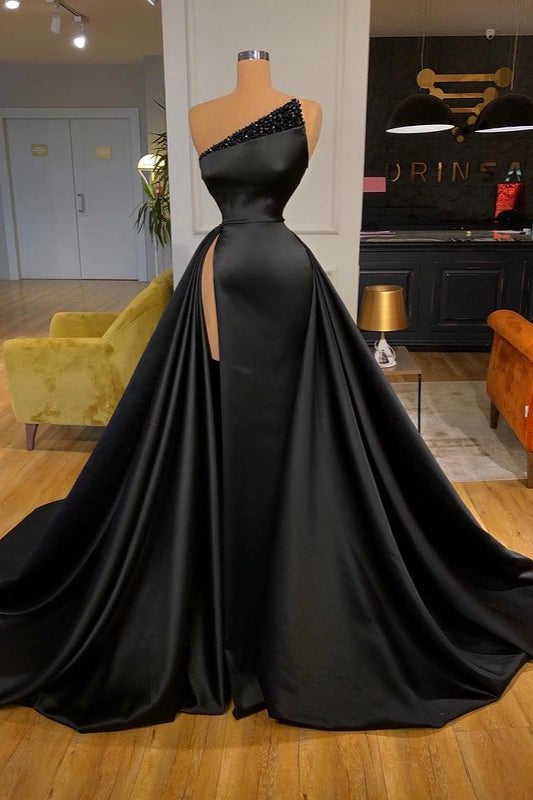 Black Overskirt Long Prom Dress with Slit Beads