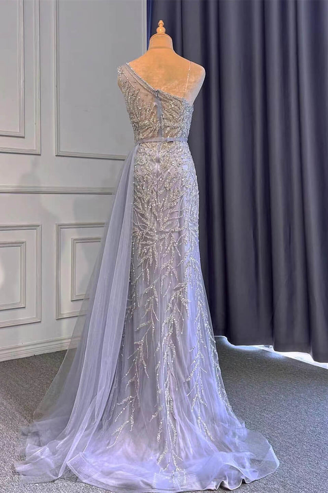 
                      
                        Light Purple Front Split One-Shoulder Beaded Mermaid Prom Dress with Long Ruffles
                      
                    