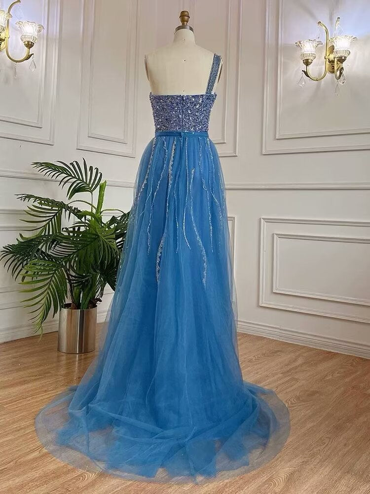 
                      
                        Sleeveless Mermaid Evening Dress with Split, One Shoulder, Sequins, and Tulle
                      
                    