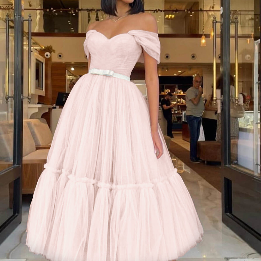 
                      
                        Light Pink Sweetheart Off-The-Shoulder Tulle Prom Dress with Belts
                      
                    