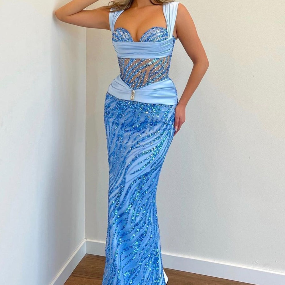 Blue Prom Dress Wide Shoulder Strap with Sequins Sleeveless Long Mermaid