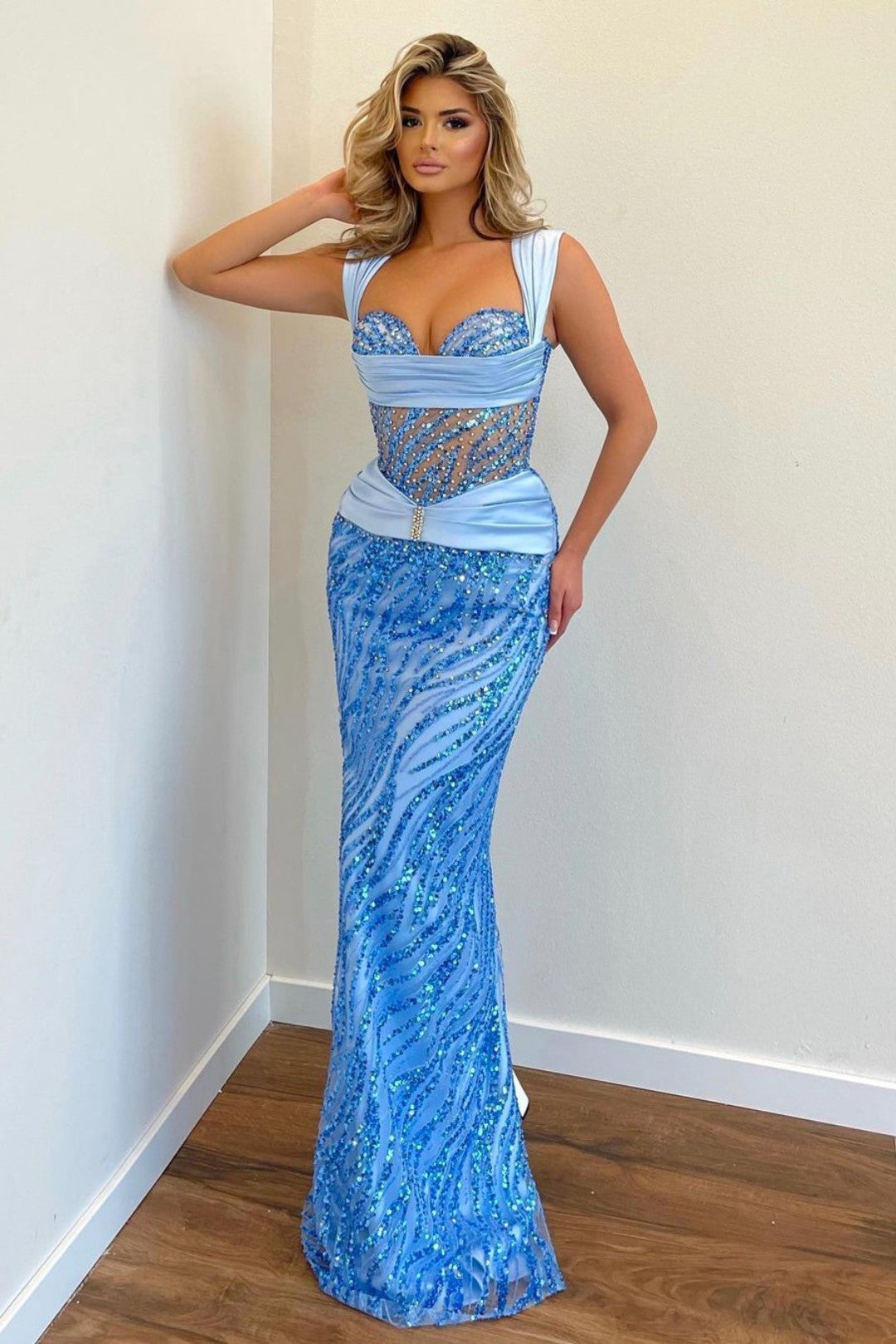 Blue Prom Dress Wide Shoulder Strap with Sequins Sleeveless Long Mermaid