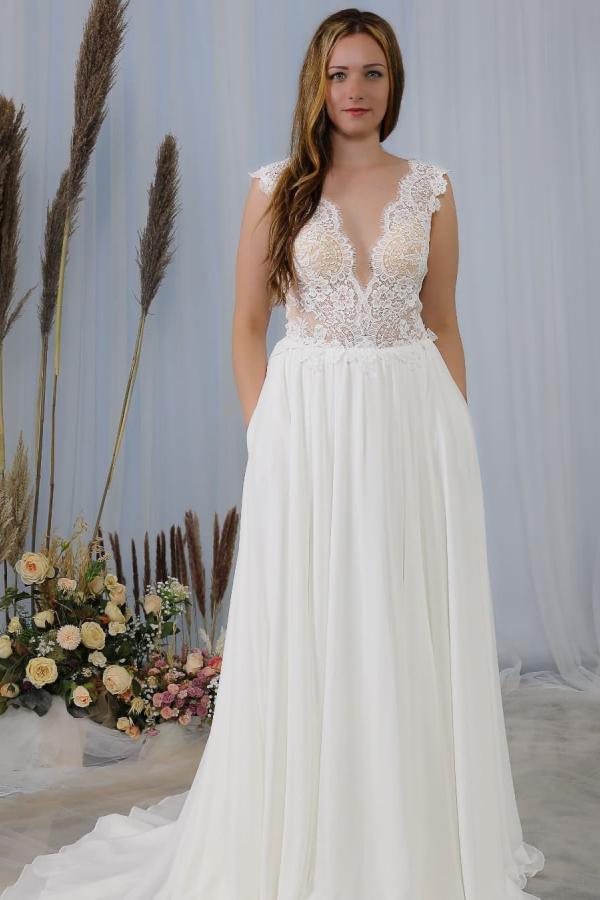 Deep V-neck Backless Chiffon Wedding Dress With Wide Straps Appliques Lace