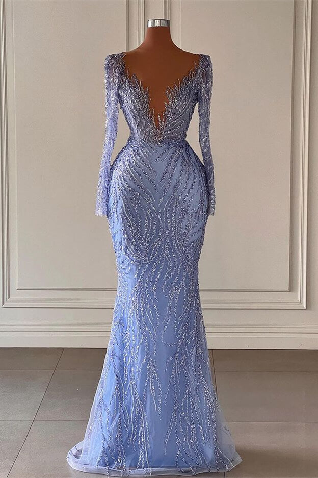 Chic Long Sleeves Sequins Beadings Mermaid Evening Dress with V-Neck