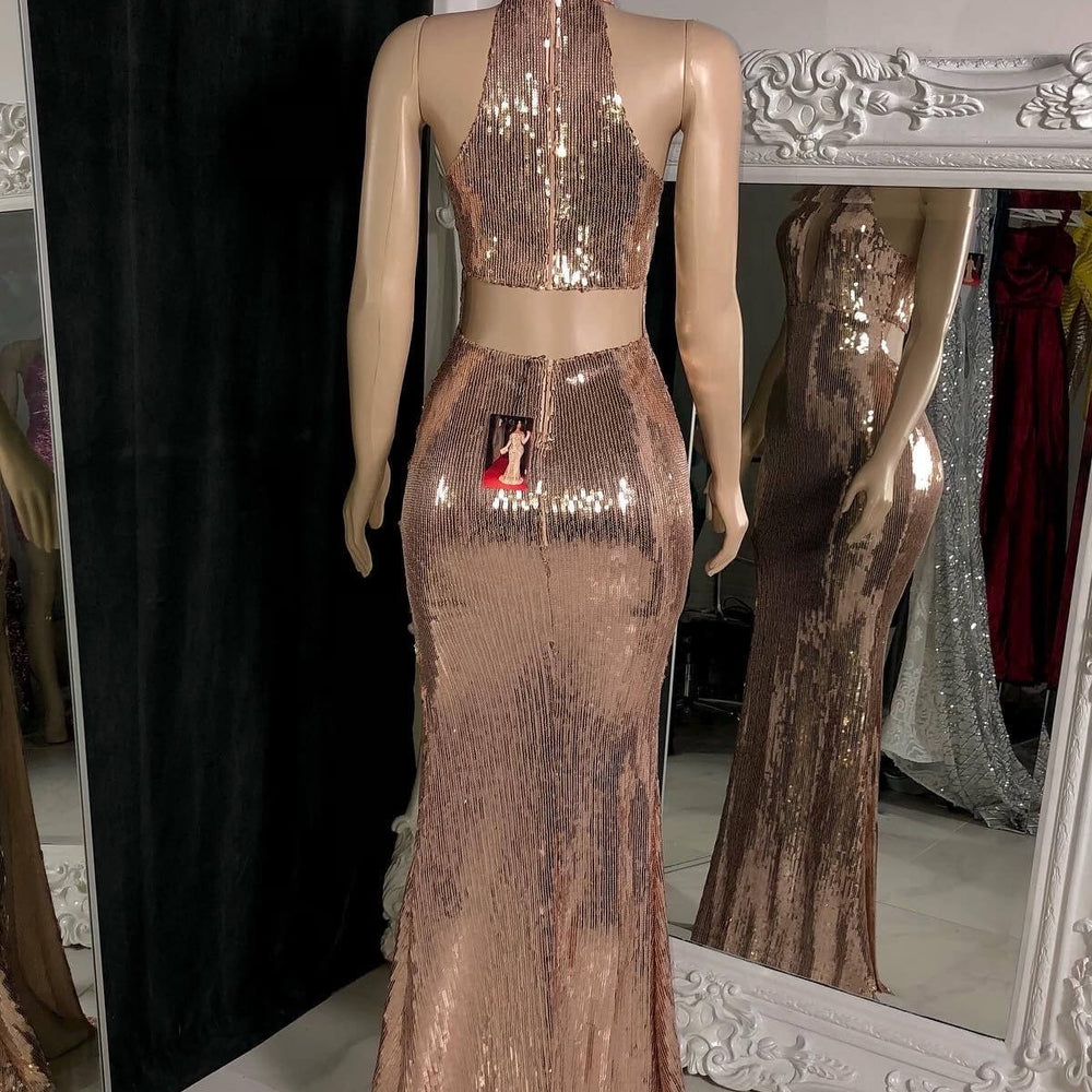 
                      
                        Rose Sleeveless Halter Prom Dress with Sequins and Long Slit
                      
                    