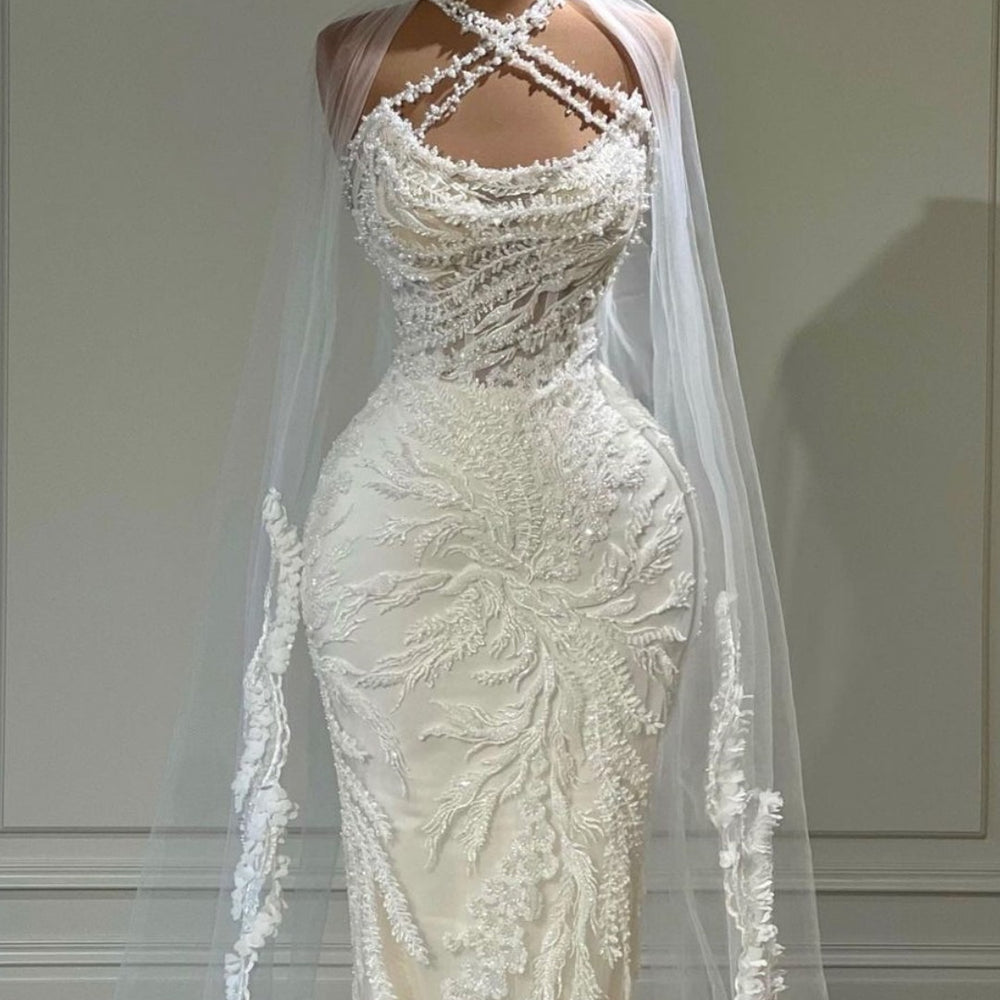 
                      
                        Halter Long White Wedding Dress with Tulle Appliques 
                      
                    