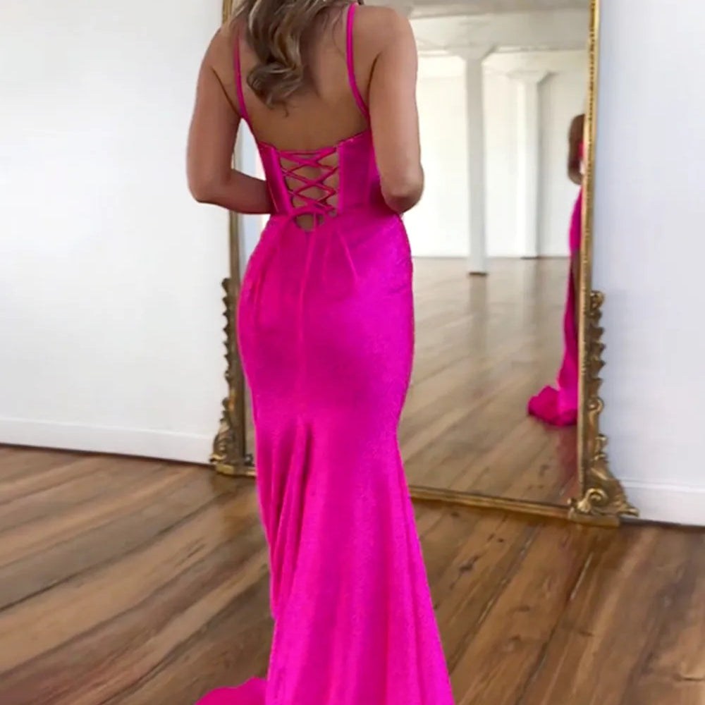 
                      
                        Sparkly Fuchsia Spaghetti Straps Prom Dress with Lace-Up Beaded Detail and Slit
                      
                    