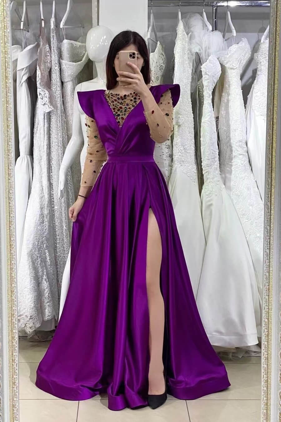 Dark Purple V-Neck Beaded Mermaid Prom Dress with Front Split and Long Sleeves