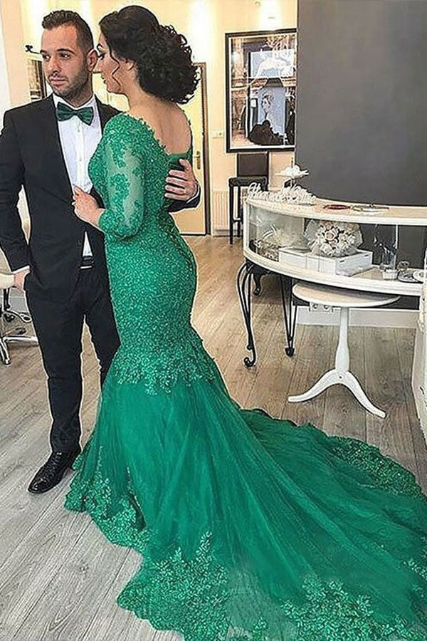 
                      
                        3/4 Sleeves Mermaid Prom Dress V-Neck With Lace Appliques - Emerald
                      
                    