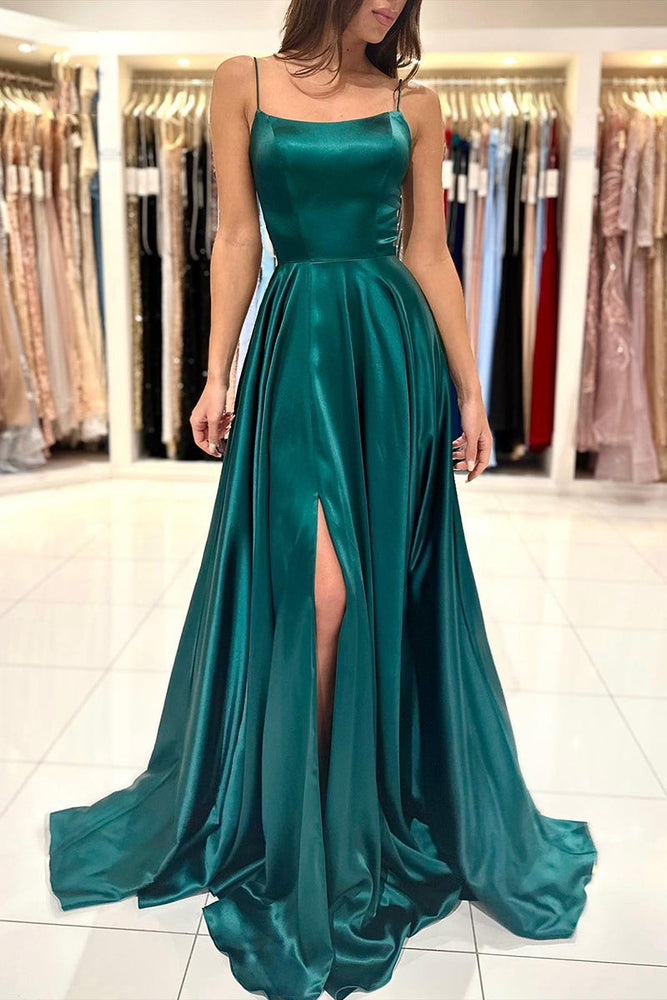 Simple Green A Line Split Long Prom Formal Dress