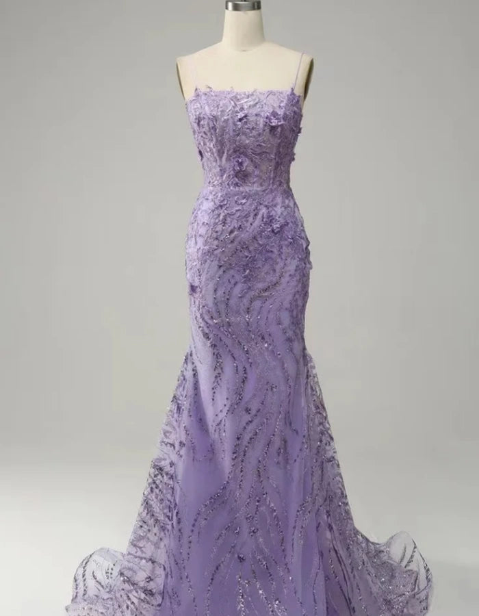 
                      
                        Glamorous Purple Applique Spaghetti Strap Mermaid Prom Dress
                      
                    