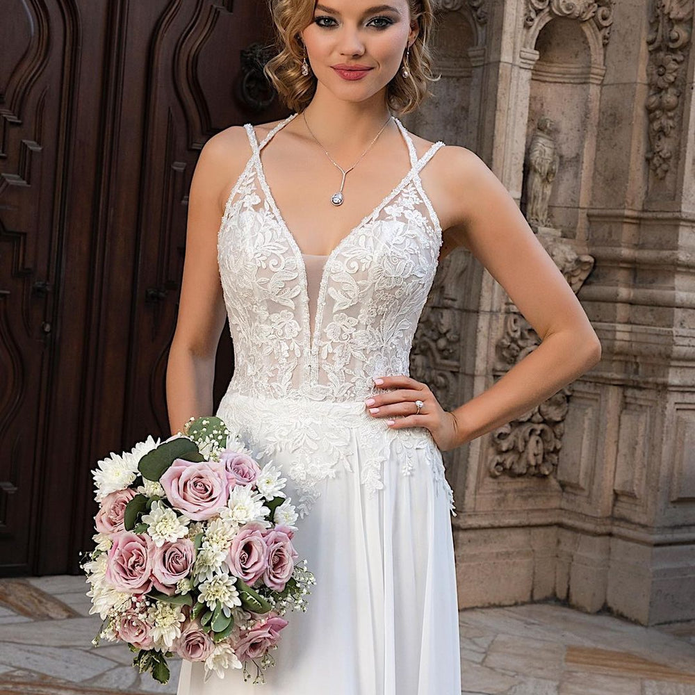 
                      
                        Long A-Line Split V-Neck Wedding Dress with Chiffon Lace
                      
                    