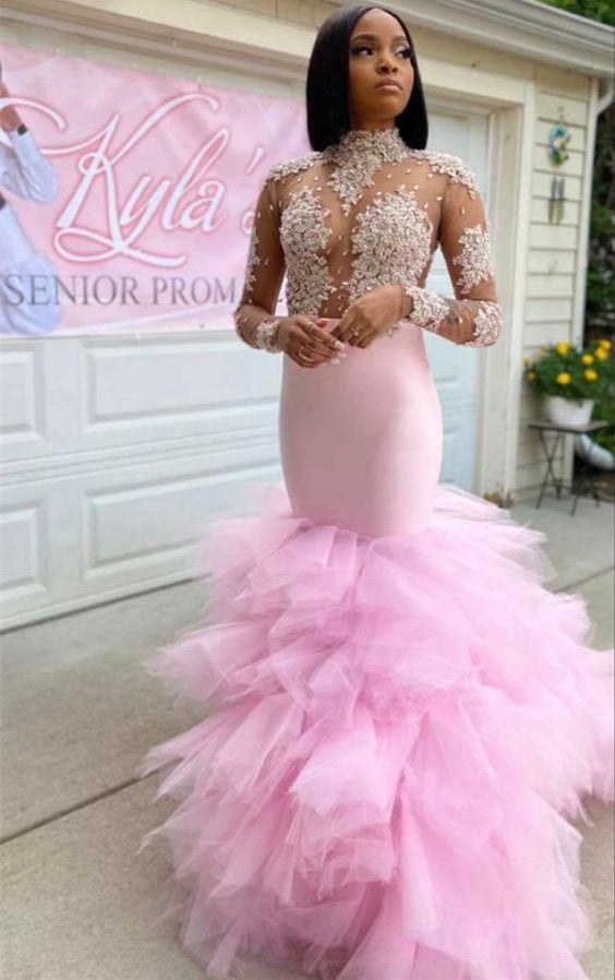 Pink High Neck Tulle Mermaid Prom Dress with Lace Appliques