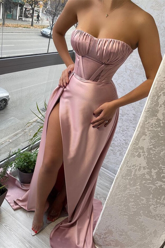 
                      
                        Stunning Pink Strapless Mermaid Prom Dress with Pleats, Ruffles, and Slit
                      
                    