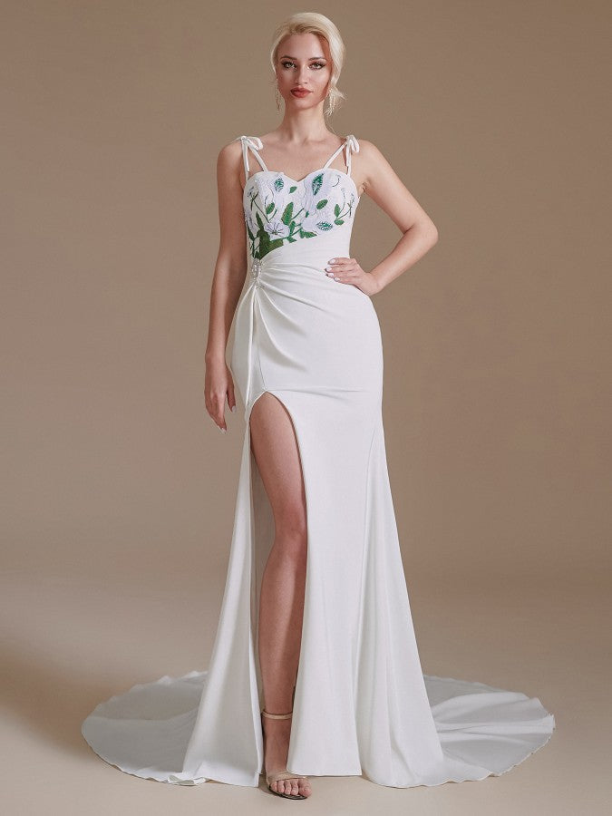 Gorgeous Satin Spaghetti Strap Open Back Long Mermaid Wedding Dress with Slit