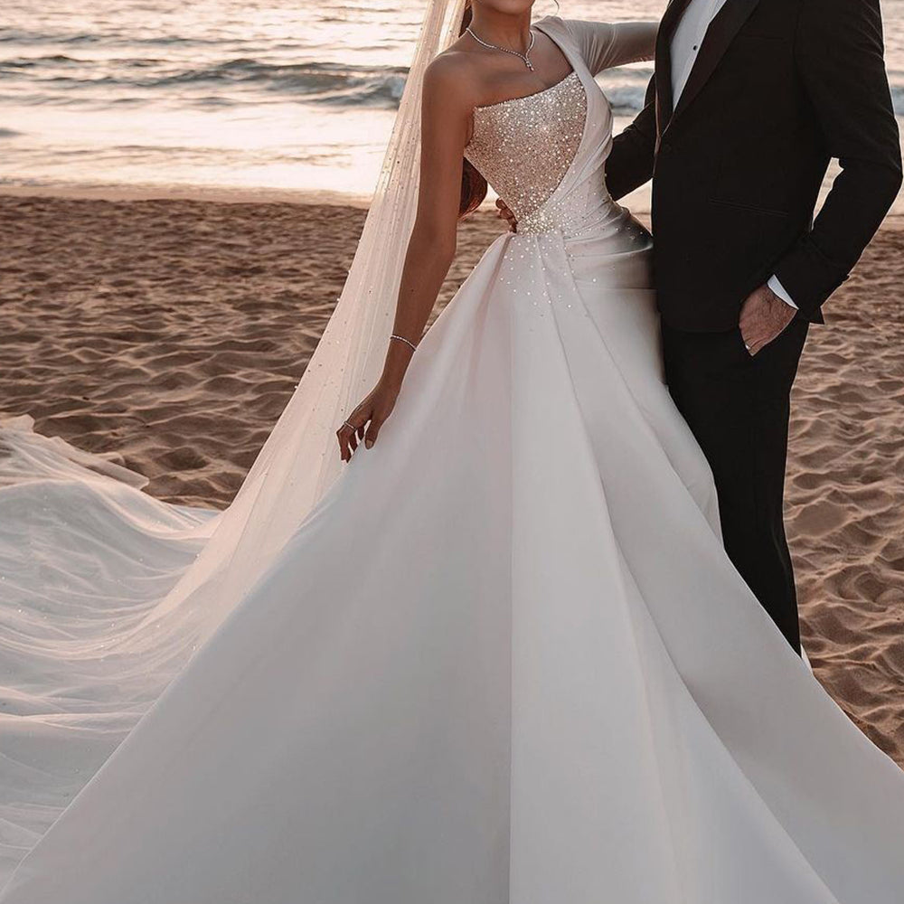 Charming One-Shoulder Long Sleeve A-Line Wedding Dress with Sequins