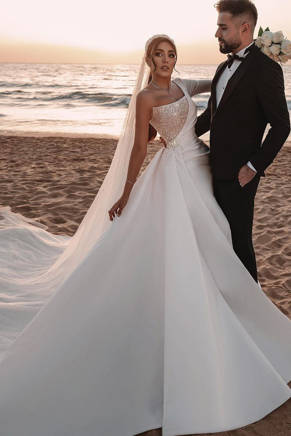 Charming One-Shoulder Long Sleeve A-Line Wedding Dress with Sequins