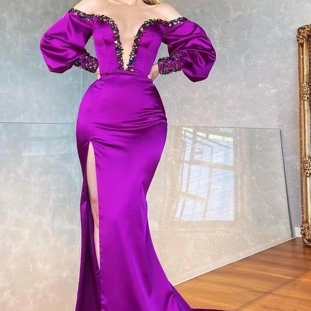 Purple Off-the-Shoulder V-Neck Beaded Long Sleeve Mermaid Prom Dress with Front Split