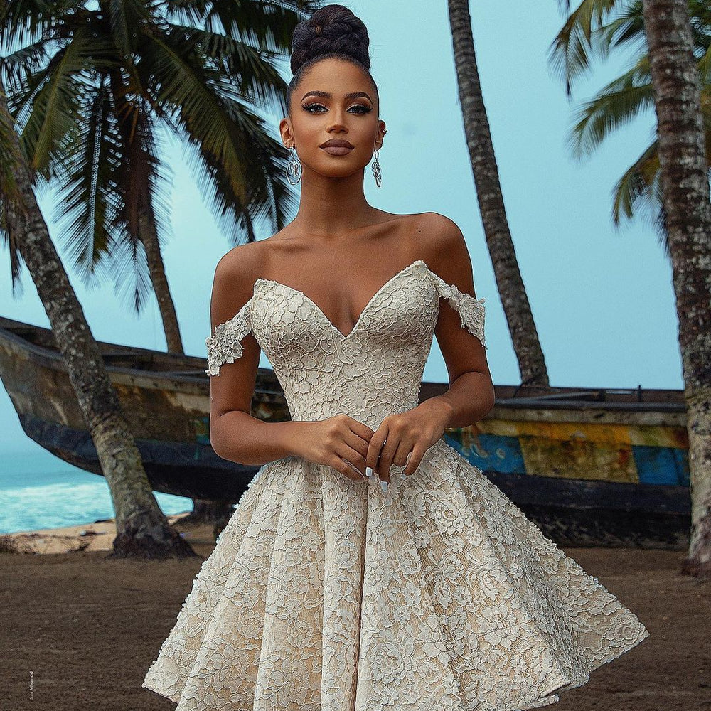 
                      
                        Short A-Line Off-the-Shoulder Wedding Dress with Lace
                      
                    