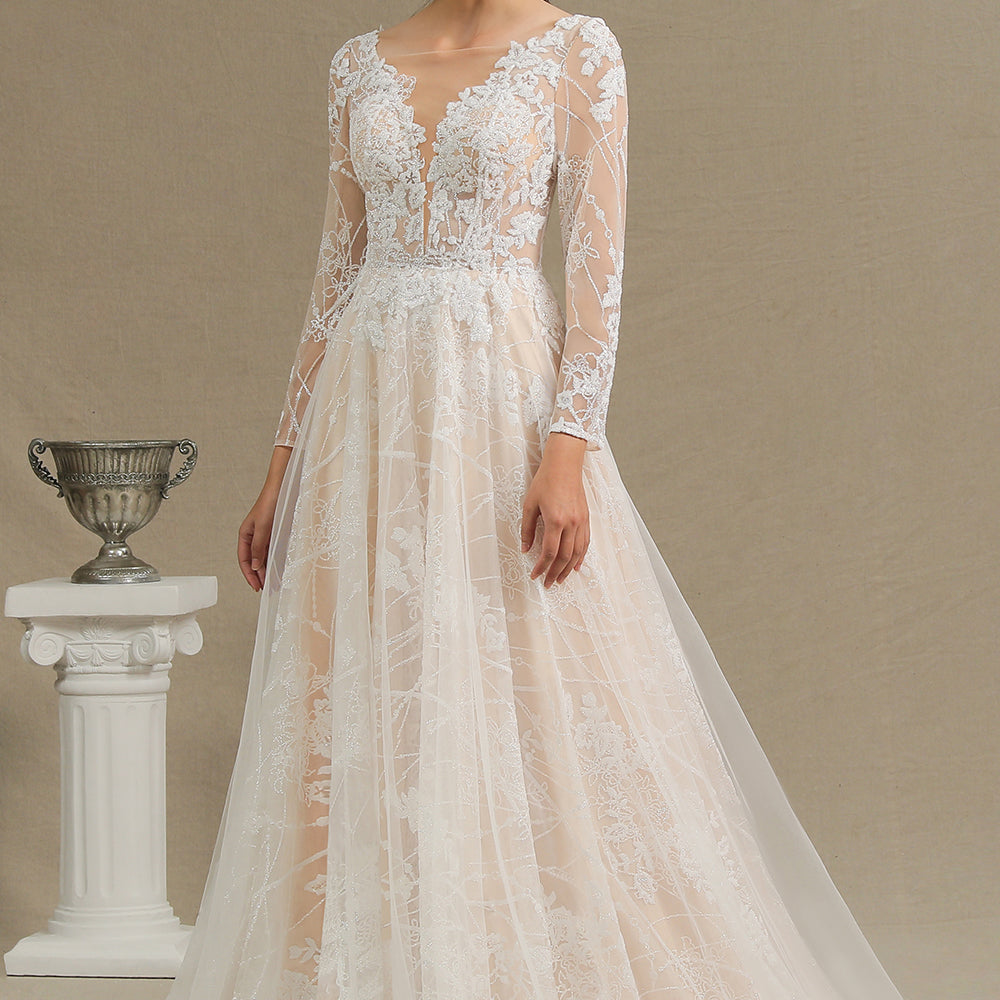 
                      
                        Sheer Long Sleeve A-Line Illusion Tulle Wedding Dress with Lace
                      
                    