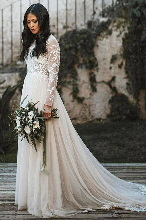 A-Line Lace Long Sleeve Scoop Neck Sweep Train Wedding Dress