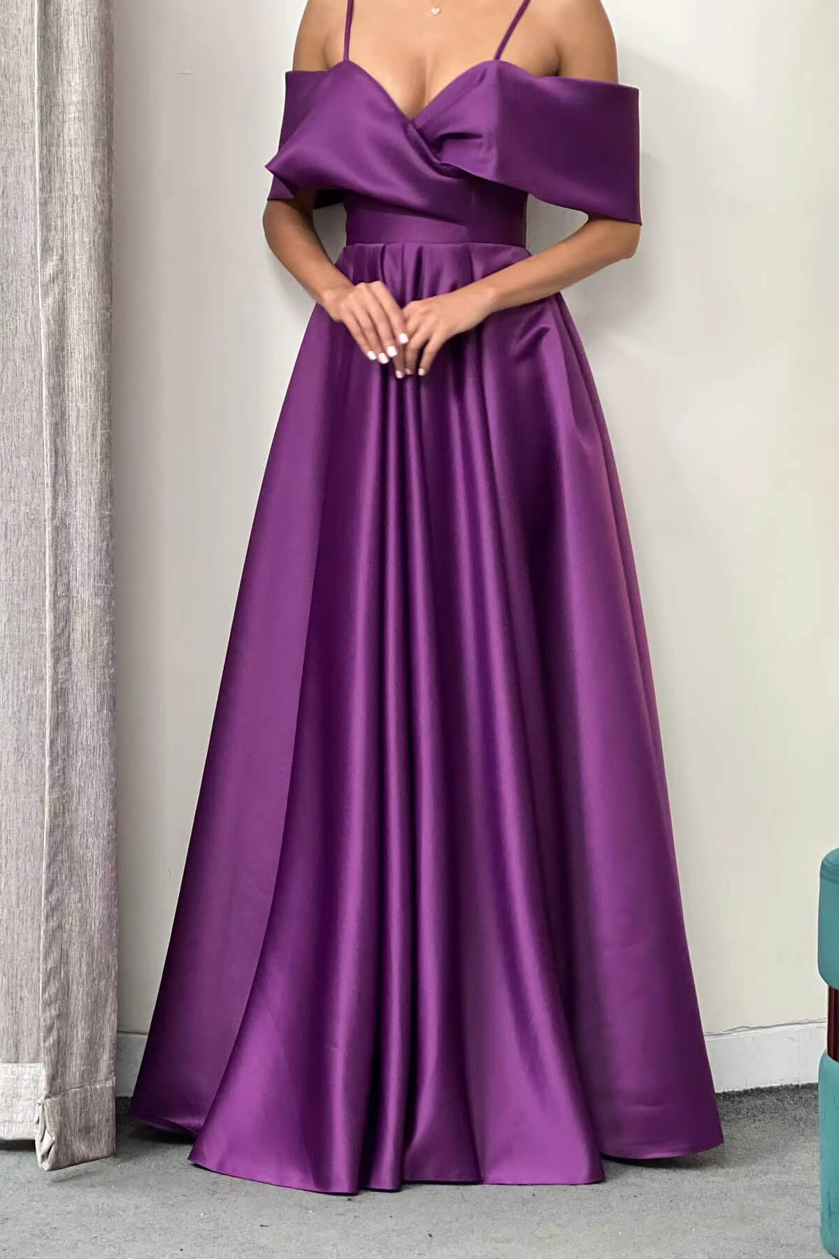 Purple Off-the-Shoulder A-Line Prom Dress with Pockets