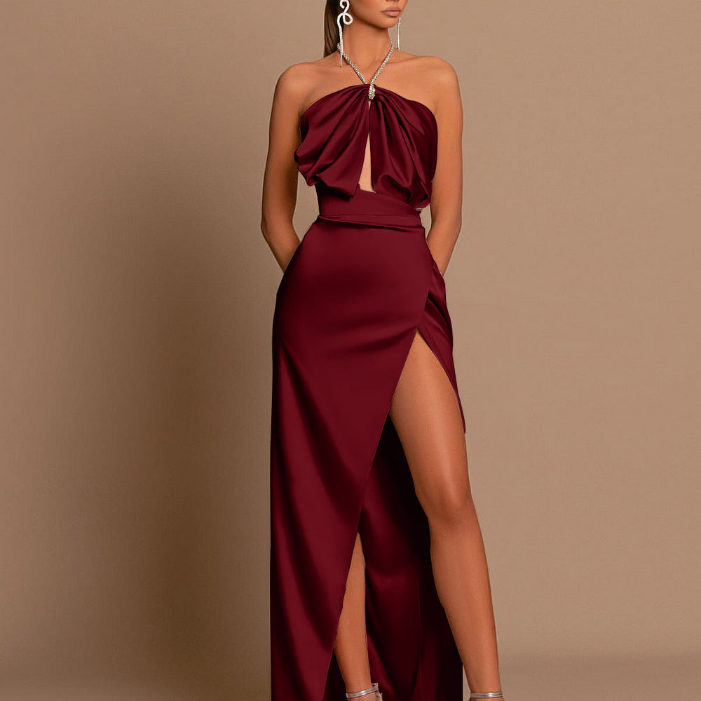 
                      
                        Chic Pink Sleeveless Evening Dress with Strapless Design and Side Slit Pleats
                      
                    