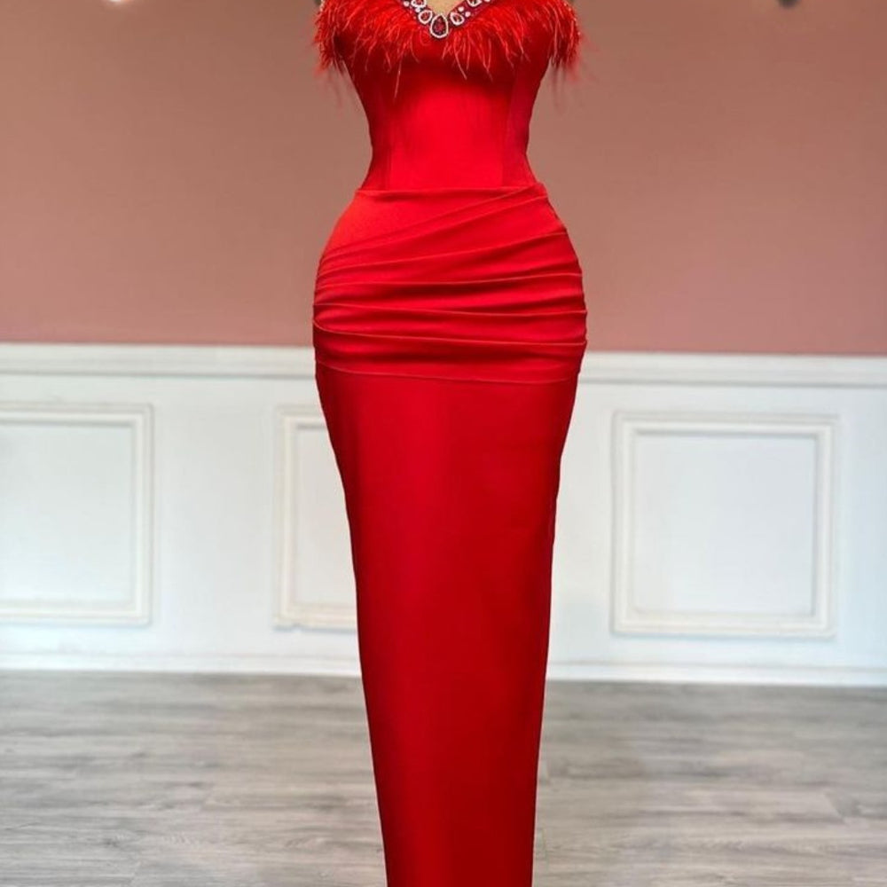 Red Long Sleeveless Sweetheart Satin Prom Dress with Tassel Decoration