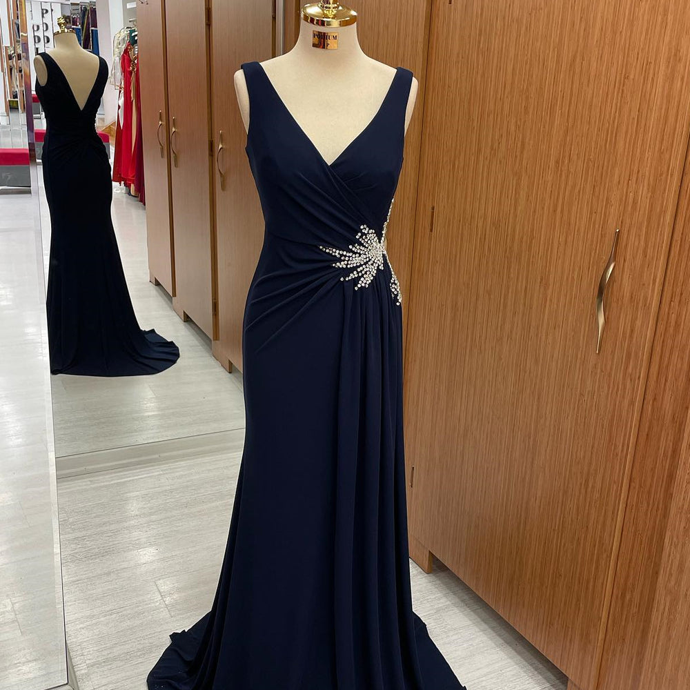 Gorgeous Dark Navy Strapped V-Neck Pleated Prom Dress with Rhinestones