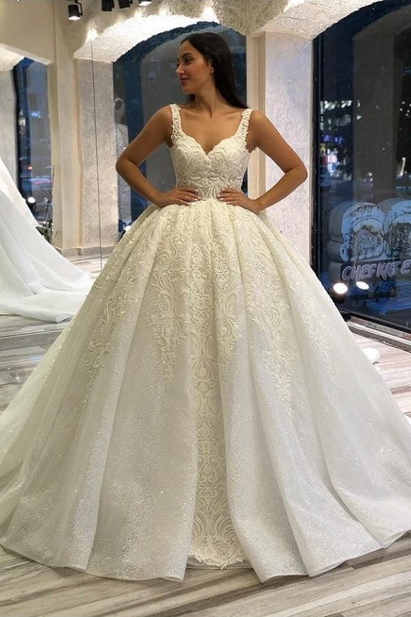 Sweetheart Spaghetti Strap Backless Ball Gown Wedding Dress with Lace Appliques and Sequins