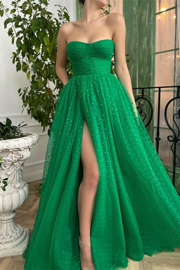 
                      
                        Glamorous Green Sleeveless Sweetheart Tulle Prom Dress with Split
                      
                    