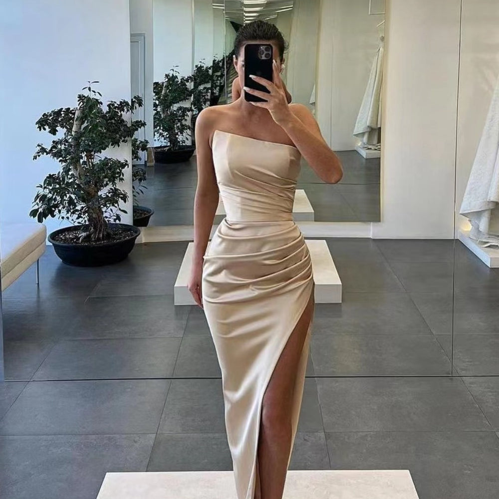 Gorgeous Sleeveless Satin Long Mermaid Prom Dress with Split