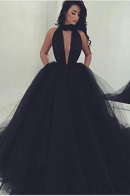 Black High-Neck Tulle Evening Dress