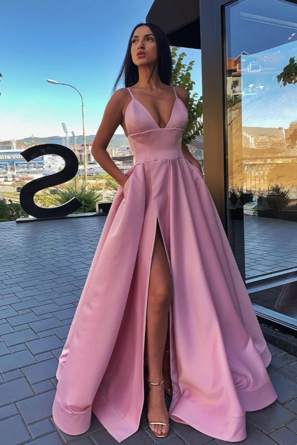 Pink Sweetheart Spaghetti Strap Prom Dress with Split Design