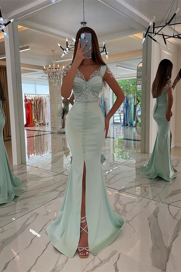 Amazing Mint Green Cap Sleeves Prom Dress Long with Buttons and Beads