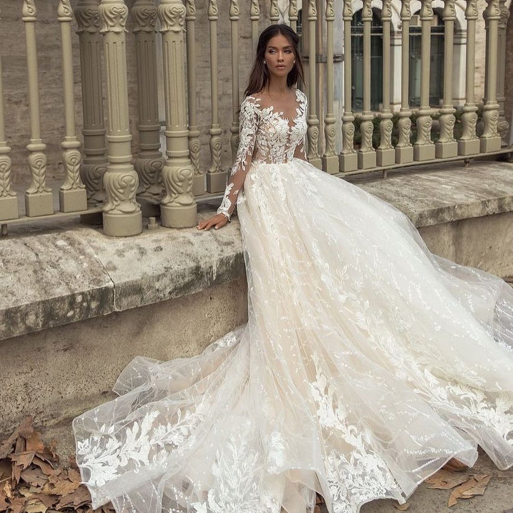 
                      
                        Gorgeous Bateau Long Sleeve Train A-Line Wedding Dress with Lace Appliques
                      
                    