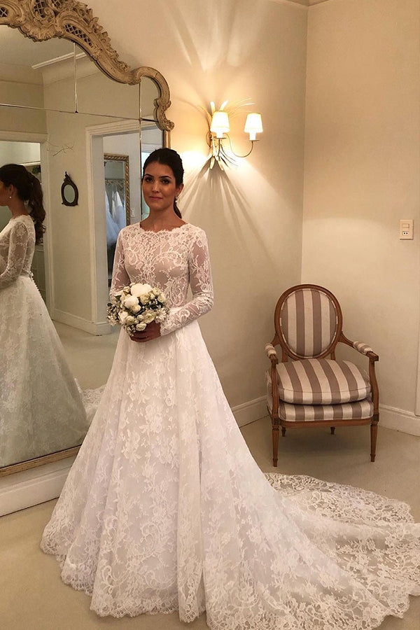 Modest A-line Wedding Dress Long Sleeves With Lace Appliques