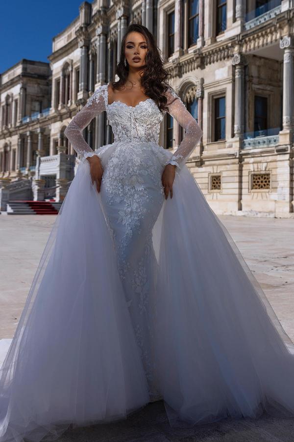 Gorgeous Sweetheart Long Sleeve Lace Mermaid Wedding Dress with Detachable Train