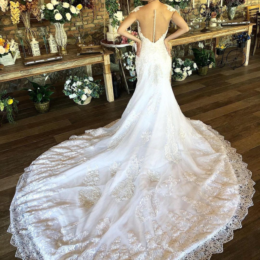 
                      
                        Charming Long Sweetheart Mermaid Wedding Dress with Cap Sleeves and Lace
                      
                    