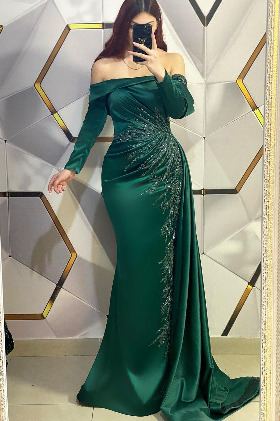 Glamorous Off-the-Shoulder Dark Green Pleated Mermaid Prom Dress