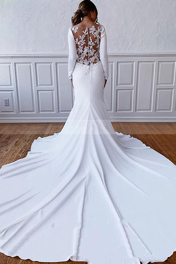 
                      
                        Long Sleeve Illusion Lace Back Sheath Wedding Dress with Appliques
                      
                    