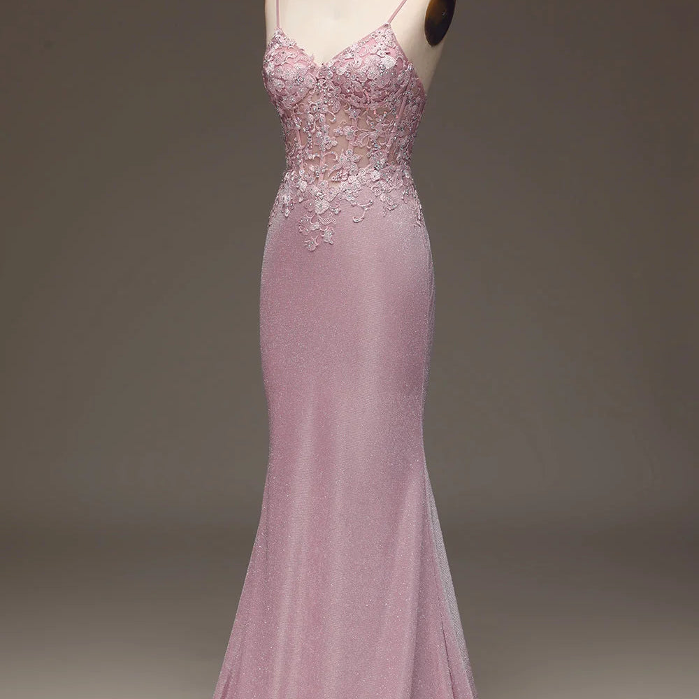 
                      
                        Elegant Pink Spaghetti-Strap Shining Sleeveless Prom Dress
                      
                    