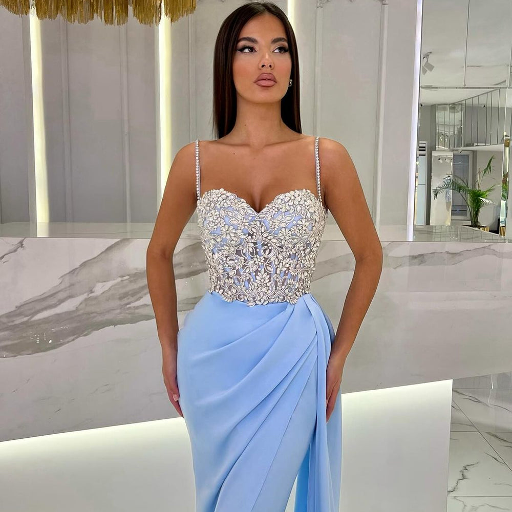 
                      
                        Baby Blue Prom Dress with High Slit, Spaghetti Strap Sweetheart Appliques
                      
                    