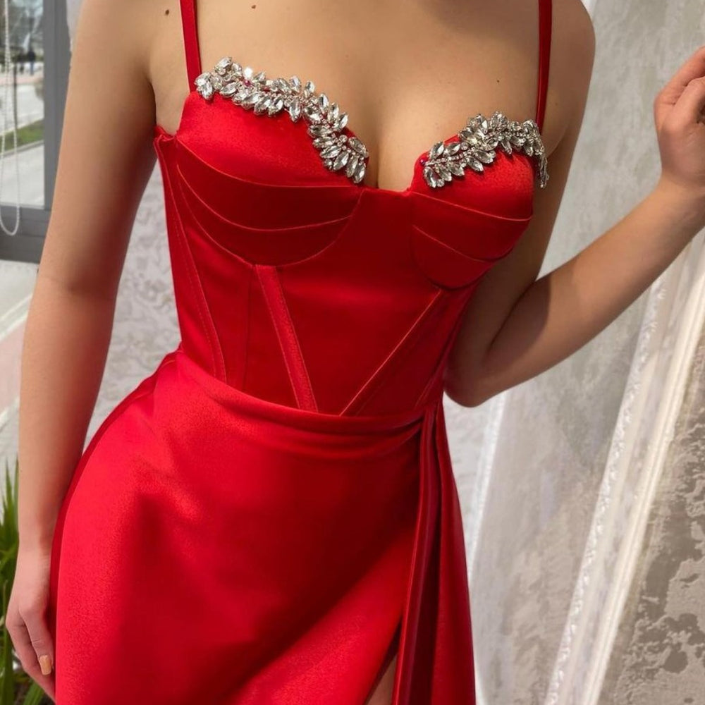 
                      
                        Red Charmeuse Spaghetti-Strap Gown with Beaded High Slit
                      
                    