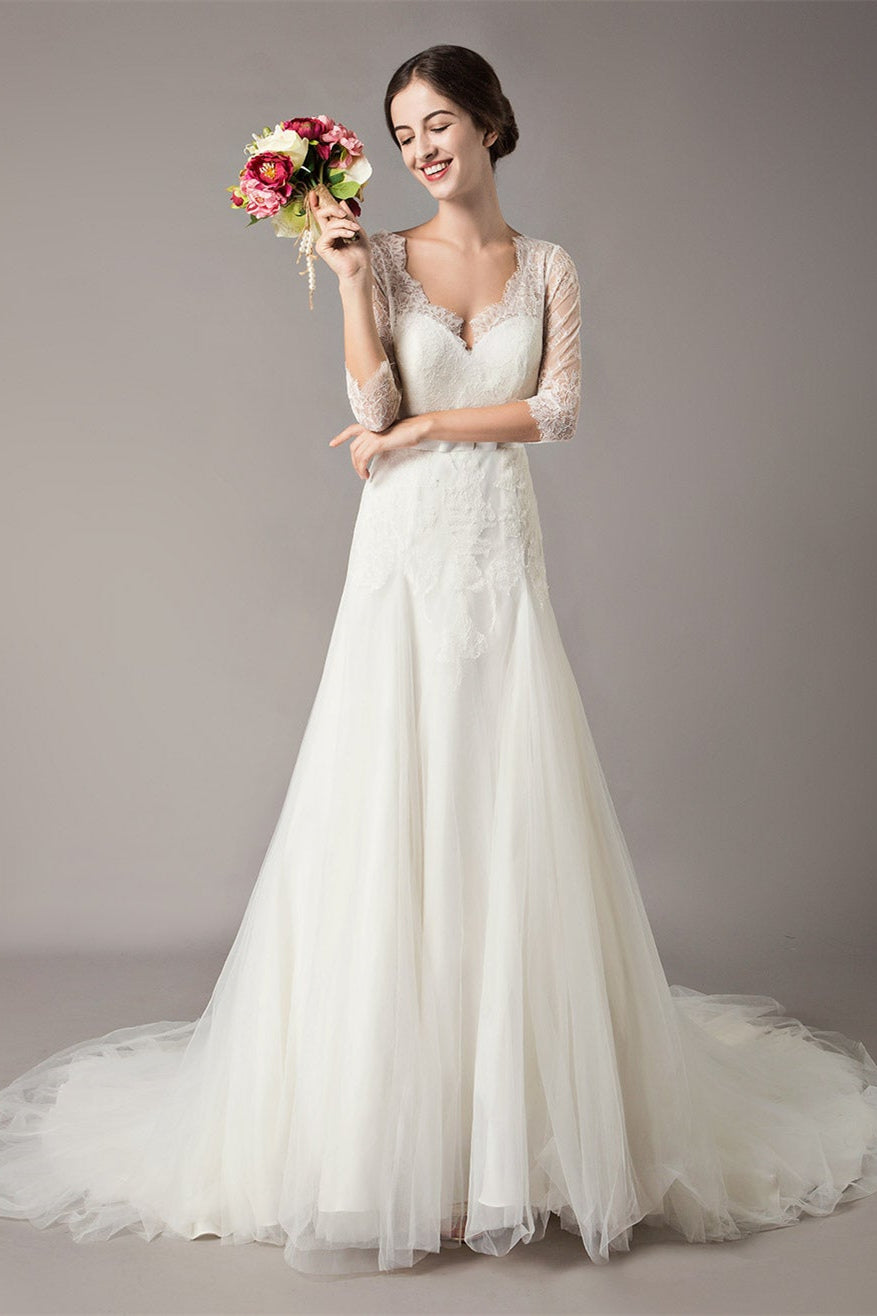 Half Sleeve Lace Beach Wedding Dress