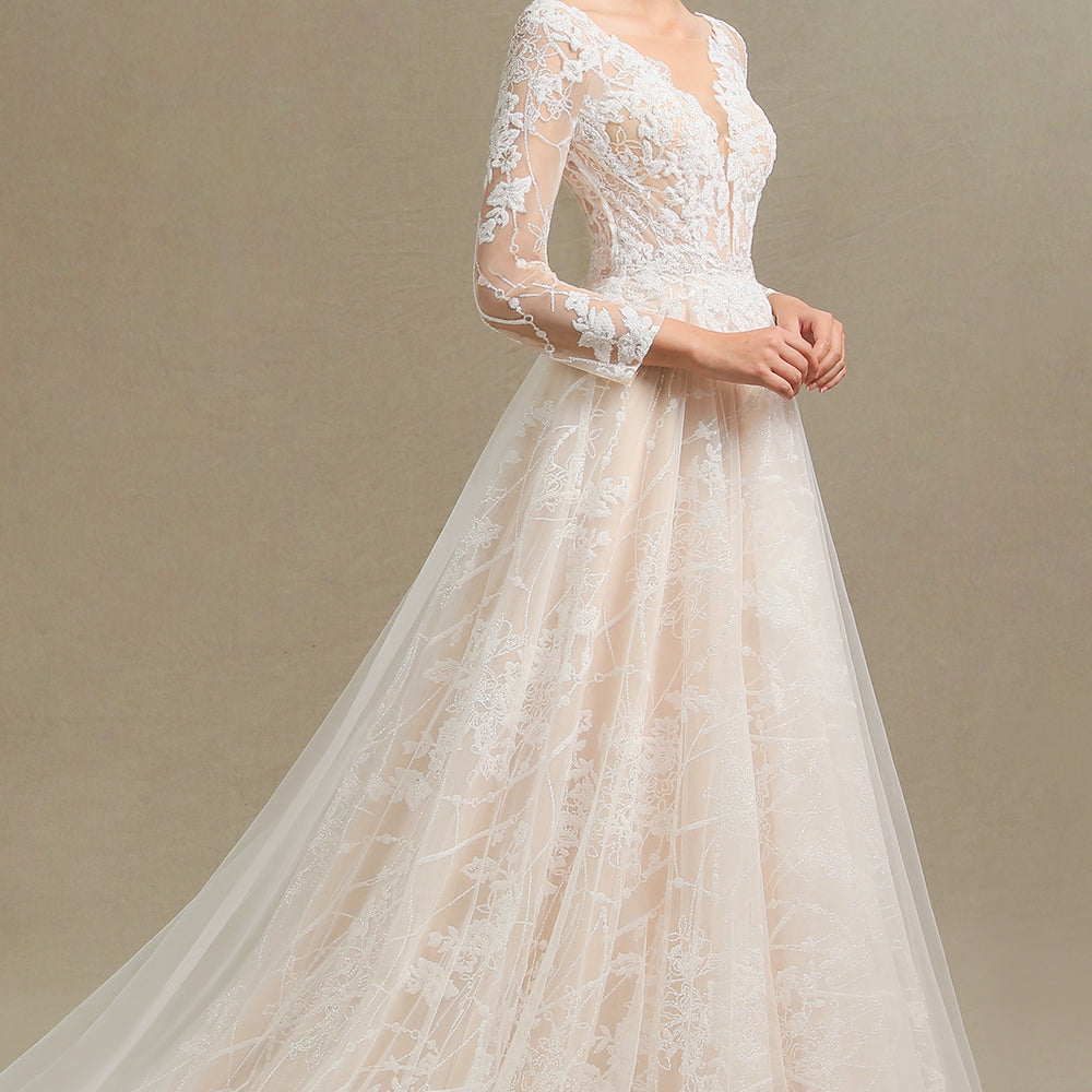 
                      
                        Sheer Long Sleeve A-Line Illusion Tulle Wedding Dress with Lace
                      
                    