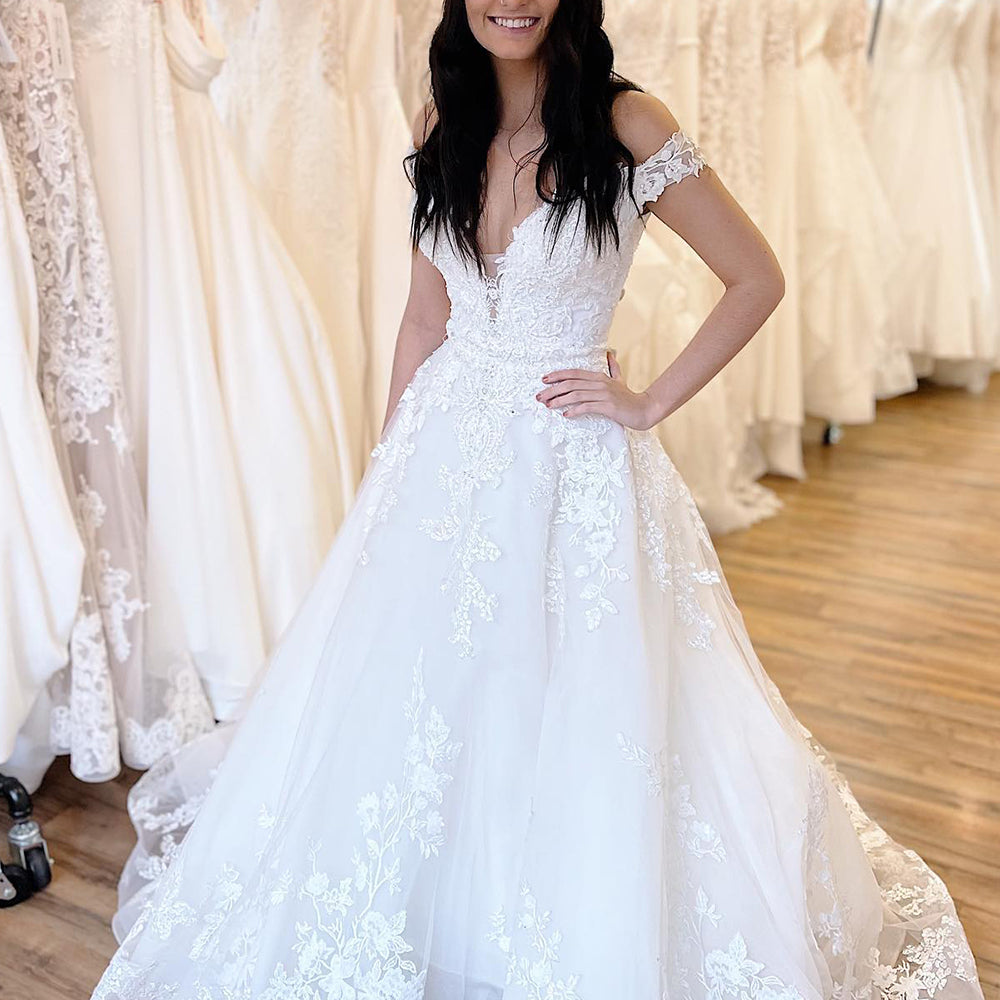 Off-the-Shoulder Sweetheart Train Wedding Dress with A-Line Lace Appliques