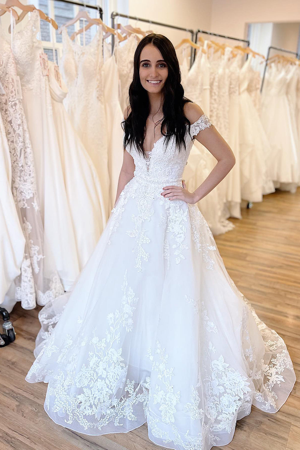 Off-the-Shoulder Sweetheart Train Wedding Dress with A-Line Lace Appliques