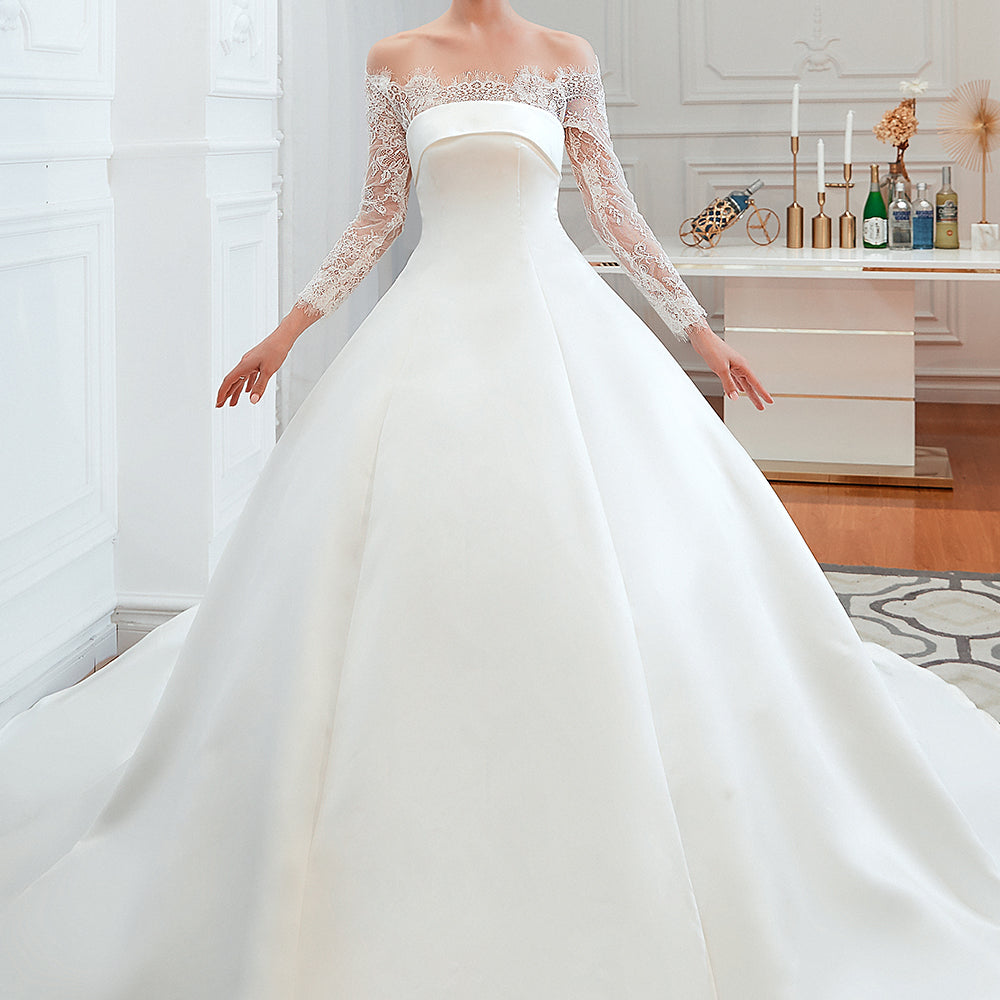 
                      
                        Stunning Off-the-Shoulder Long Sleeve A-Line Satin Wedding Dress with Lace
                      
                    